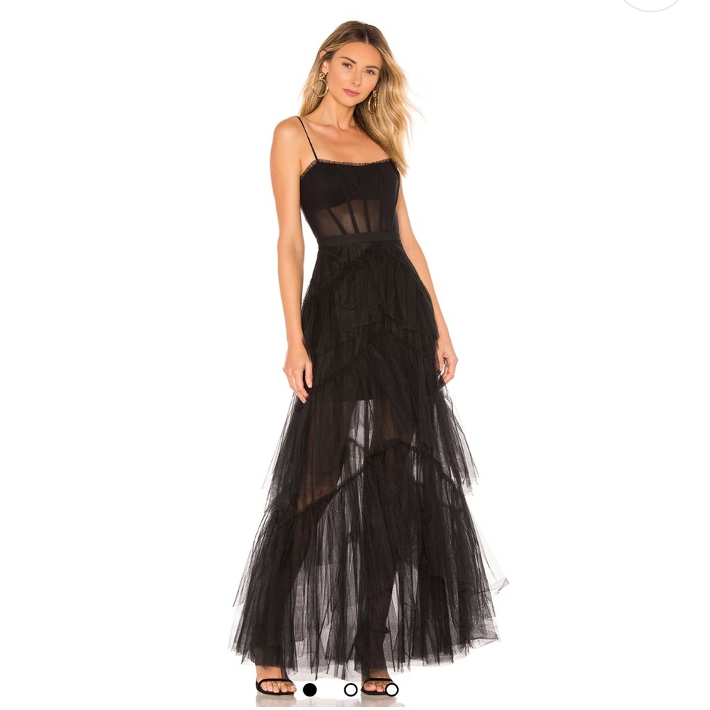 BCBG Black Oly Tiered Ruffle Tulle Gown In Black